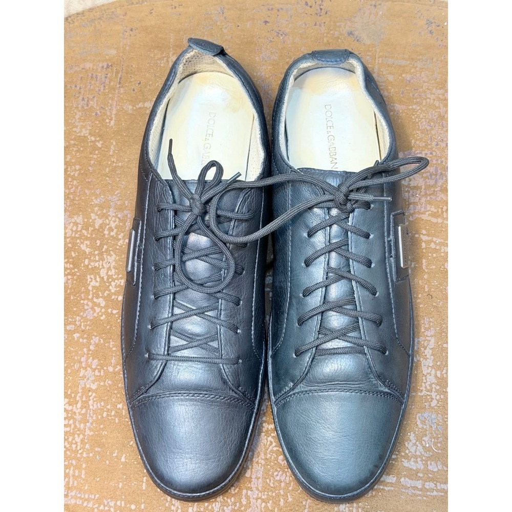 Dolce & Gabbana Mens Black Leather Low Top Sneakers CS1158 Logo Plaque Size 10